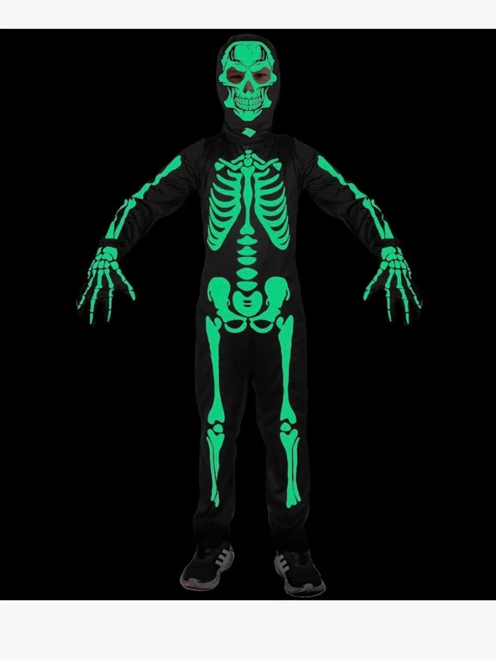Kids Black Skeleton Costume with Hood and Gloves ~Glows in the Dark